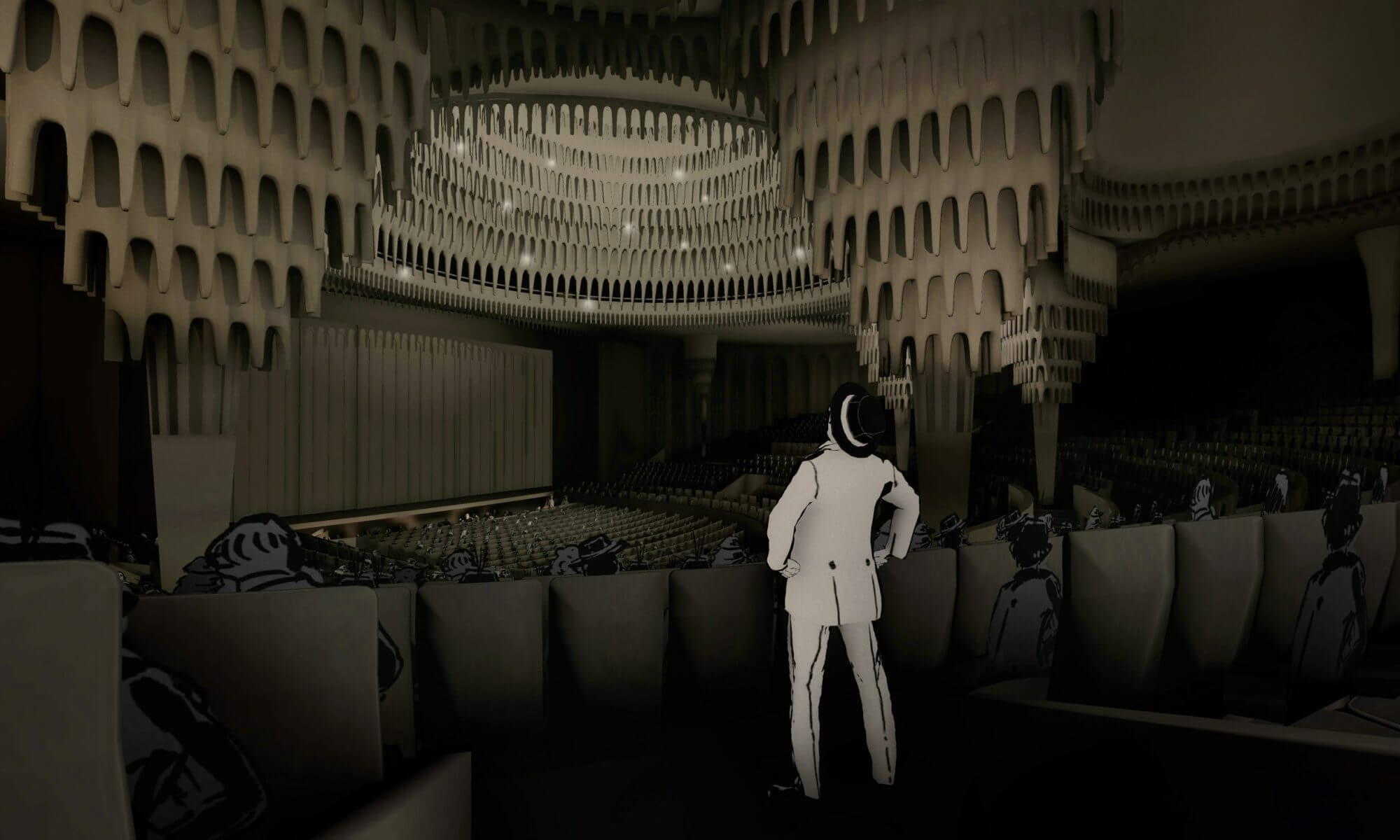 Rückenansicht eines in weißem Anzug gekleideten Mannes mit schwarzem Zylinder im Saal des Großen Schauspielhauses